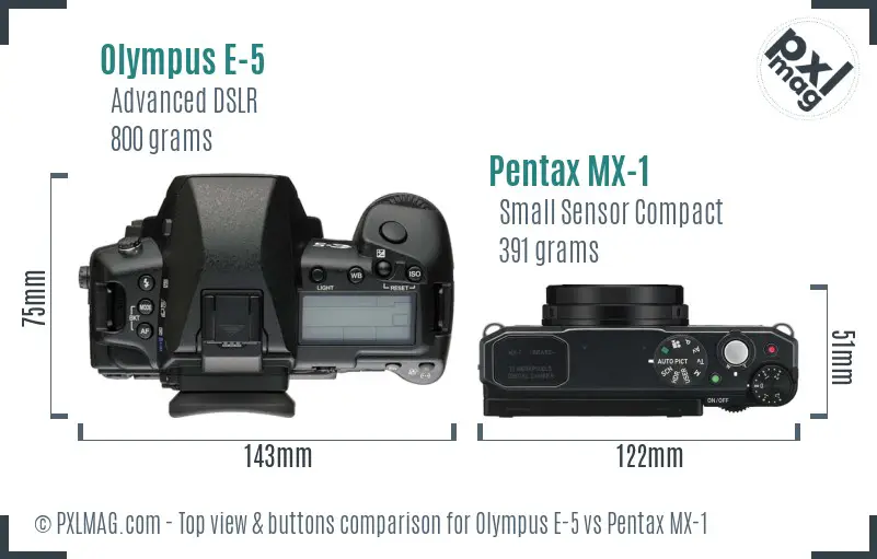 Olympus E-5 vs Pentax MX-1 top view buttons comparison