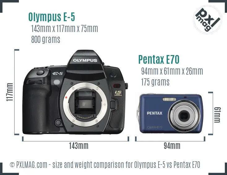 Olympus E-5 vs Pentax E70 size comparison