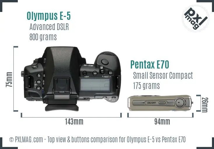 Olympus E-5 vs Pentax E70 top view buttons comparison