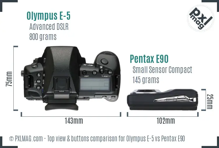 Olympus E-5 vs Pentax E90 top view buttons comparison