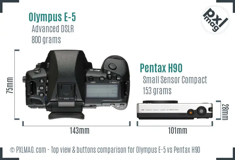 Olympus E-5 vs Pentax H90 top view buttons comparison