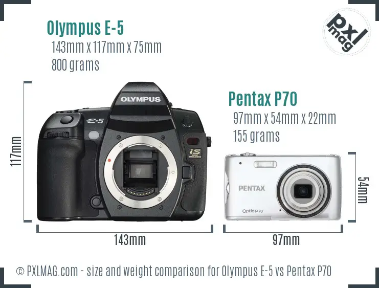 Olympus E-5 vs Pentax P70 size comparison