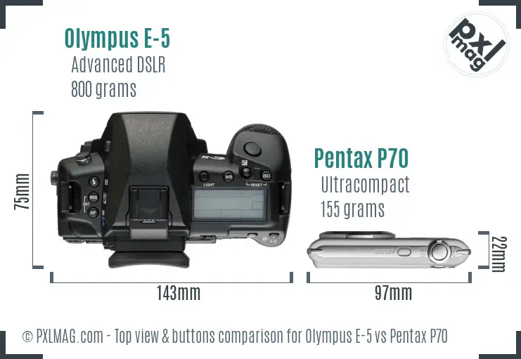 Olympus E-5 vs Pentax P70 top view buttons comparison
