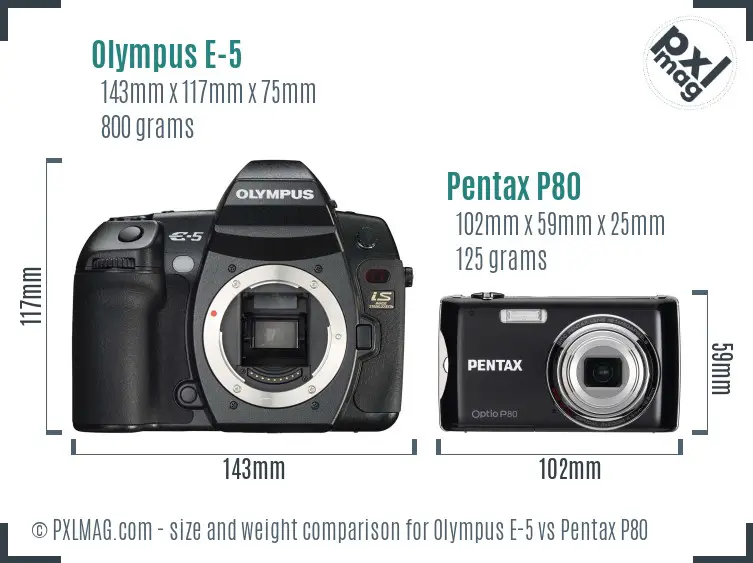 Olympus E-5 vs Pentax P80 size comparison