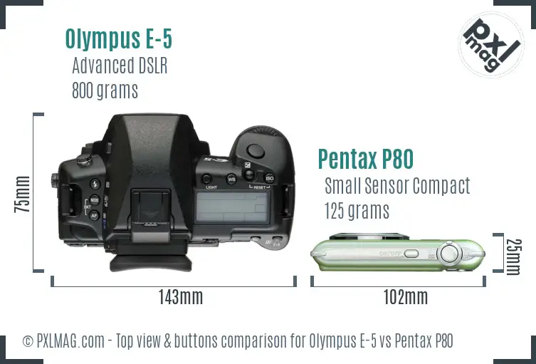 Olympus E-5 vs Pentax P80 top view buttons comparison