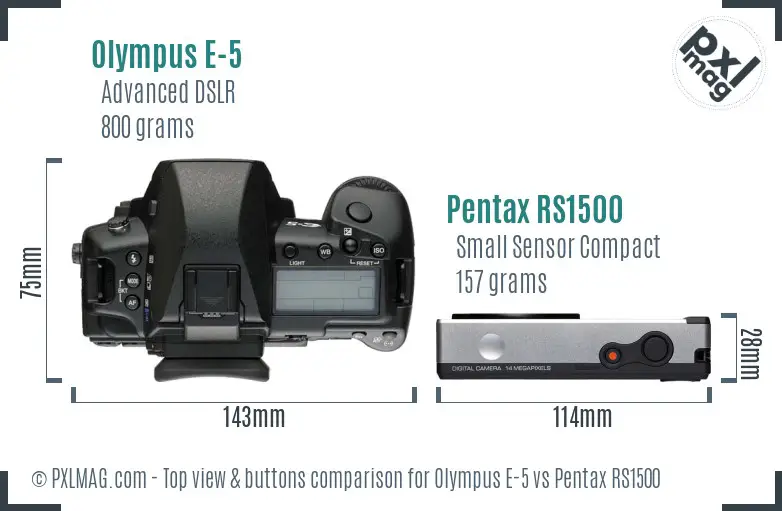 Olympus E-5 vs Pentax RS1500 top view buttons comparison
