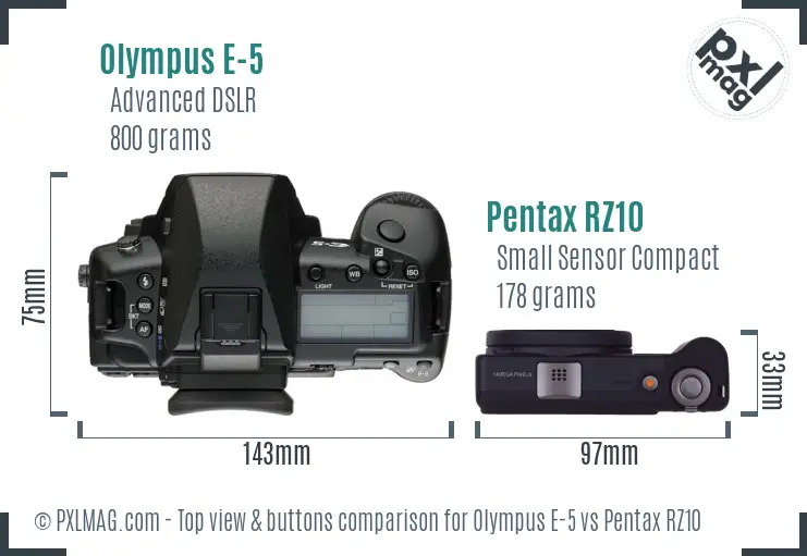 Olympus E-5 vs Pentax RZ10 top view buttons comparison