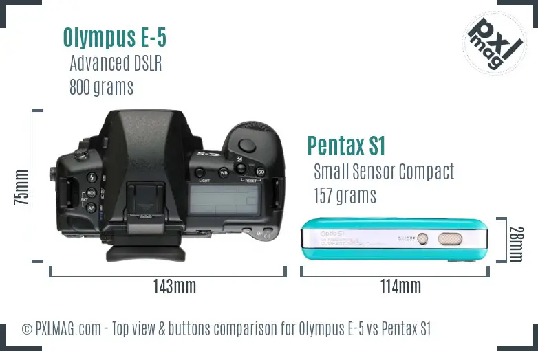 Olympus E-5 vs Pentax S1 top view buttons comparison