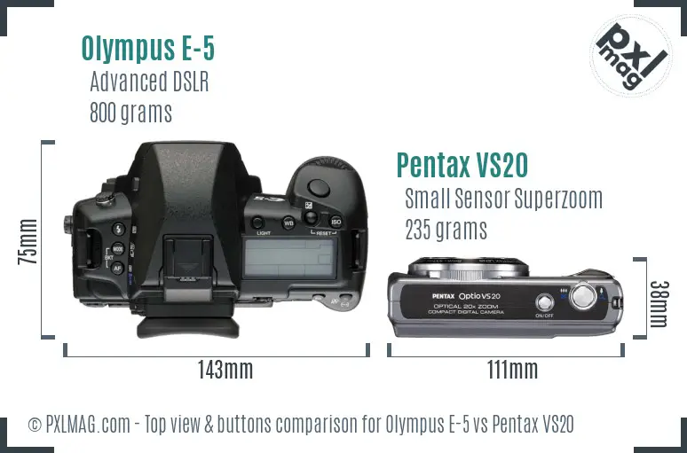 Olympus E-5 vs Pentax VS20 top view buttons comparison