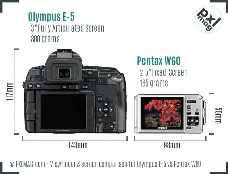Olympus E-5 vs Pentax W60 Screen and Viewfinder comparison