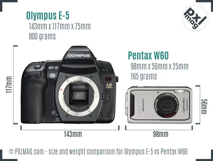 Olympus E-5 vs Pentax W60 size comparison