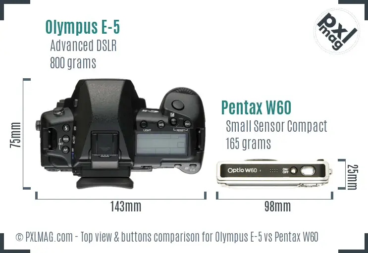 Olympus E-5 vs Pentax W60 top view buttons comparison