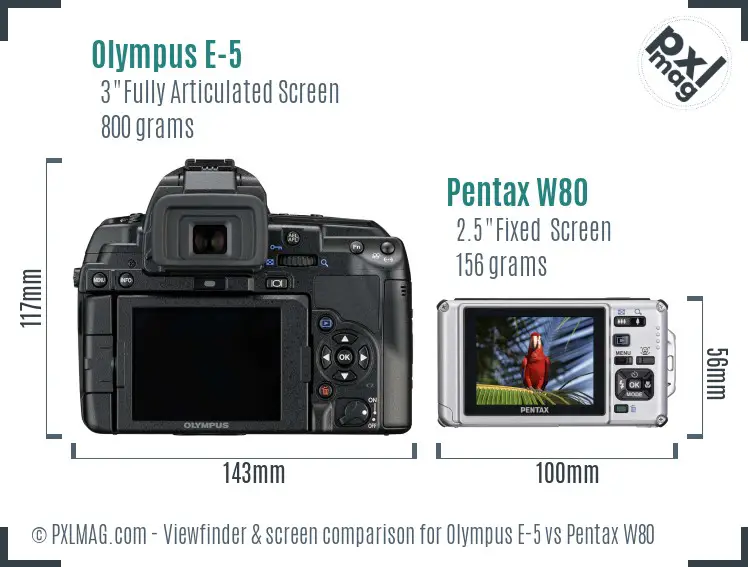 Olympus E-5 vs Pentax W80 Screen and Viewfinder comparison