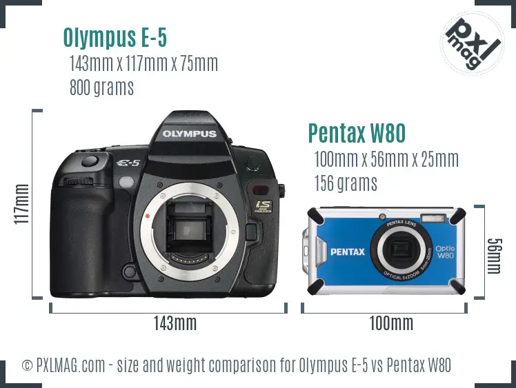 Olympus E-5 vs Pentax W80 size comparison