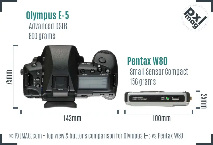 Olympus E-5 vs Pentax W80 top view buttons comparison