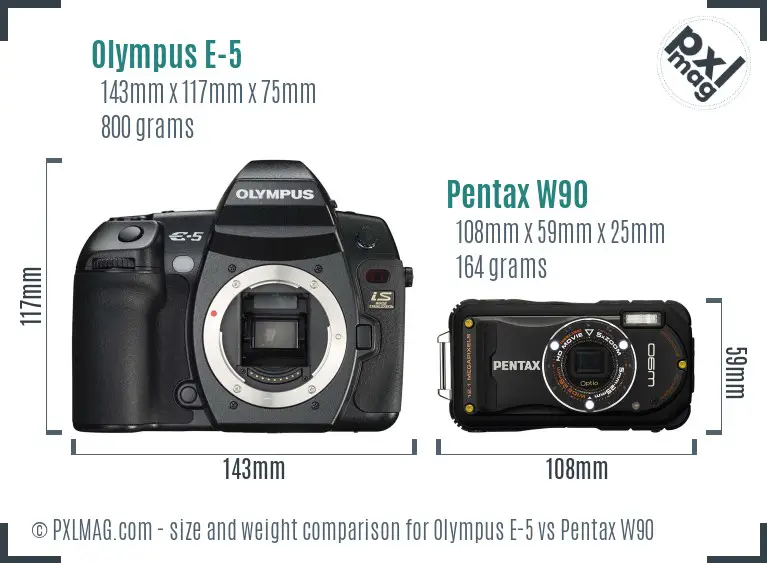 Olympus E-5 vs Pentax W90 size comparison