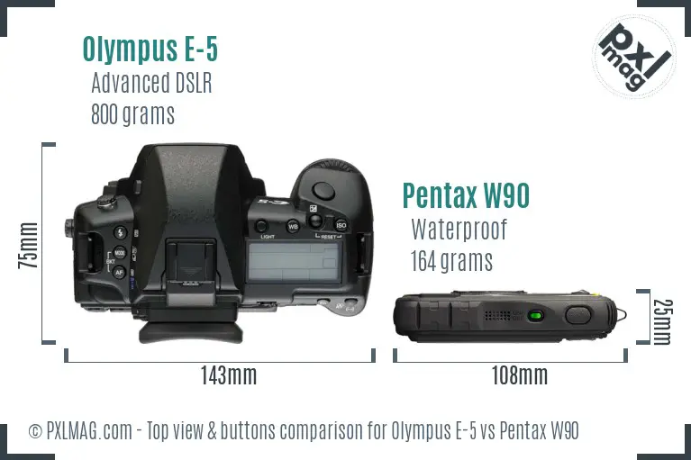 Olympus E-5 vs Pentax W90 top view buttons comparison