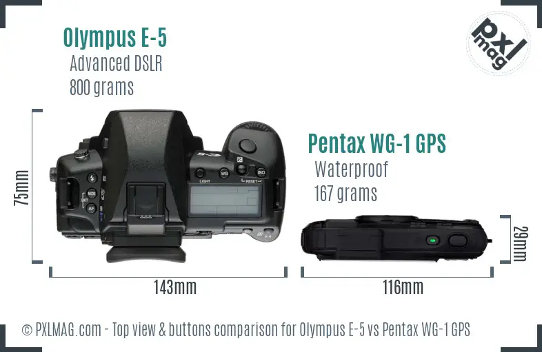 Olympus E-5 vs Pentax WG-1 GPS top view buttons comparison
