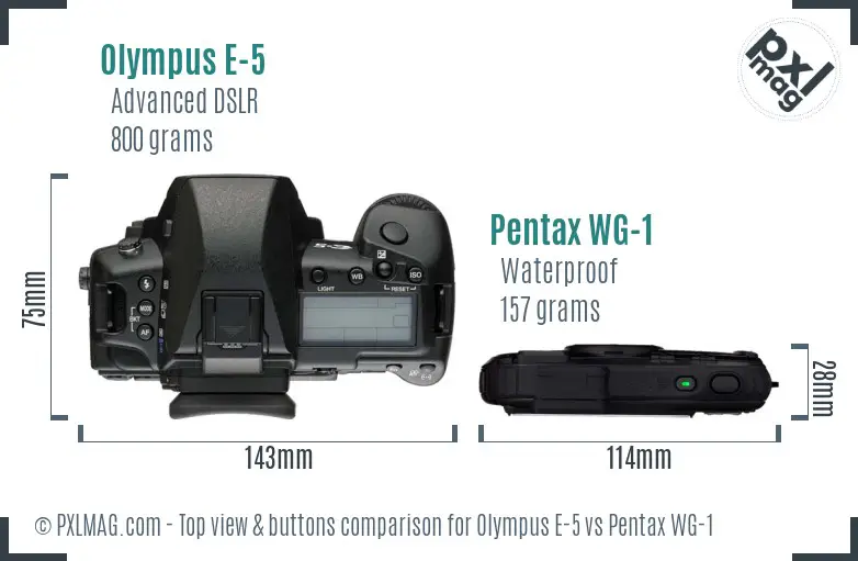 Olympus E-5 vs Pentax WG-1 top view buttons comparison