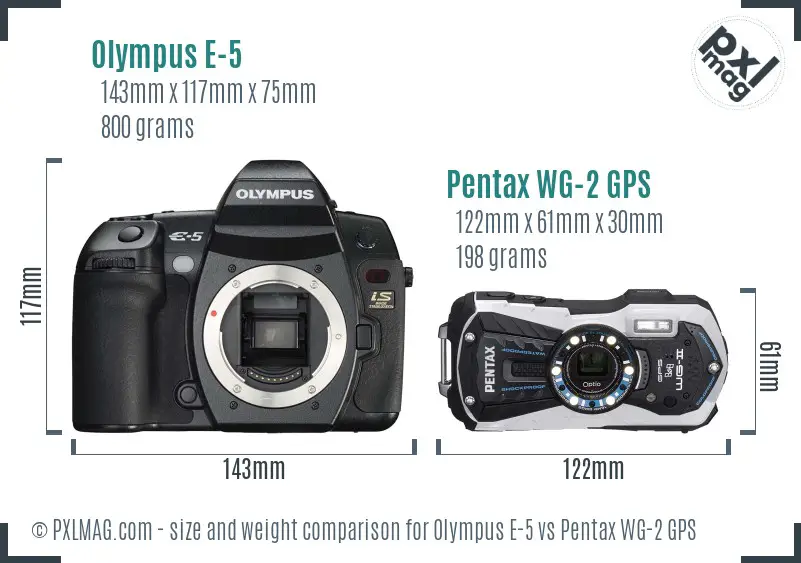 Olympus E-5 vs Pentax WG-2 GPS size comparison