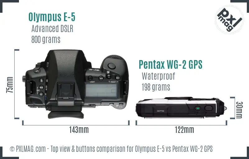 Olympus E-5 vs Pentax WG-2 GPS top view buttons comparison
