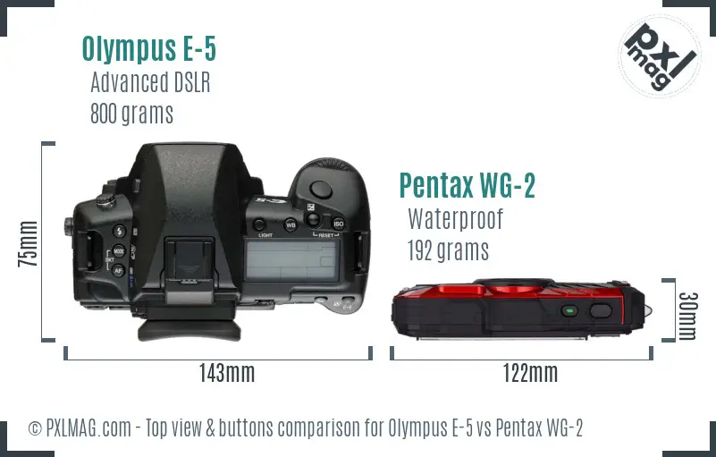 Olympus E-5 vs Pentax WG-2 top view buttons comparison