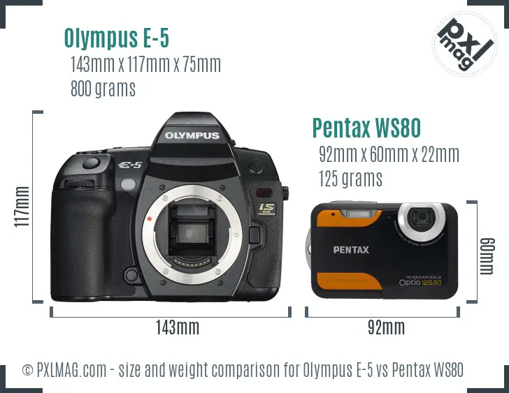 Olympus E-5 vs Pentax WS80 size comparison