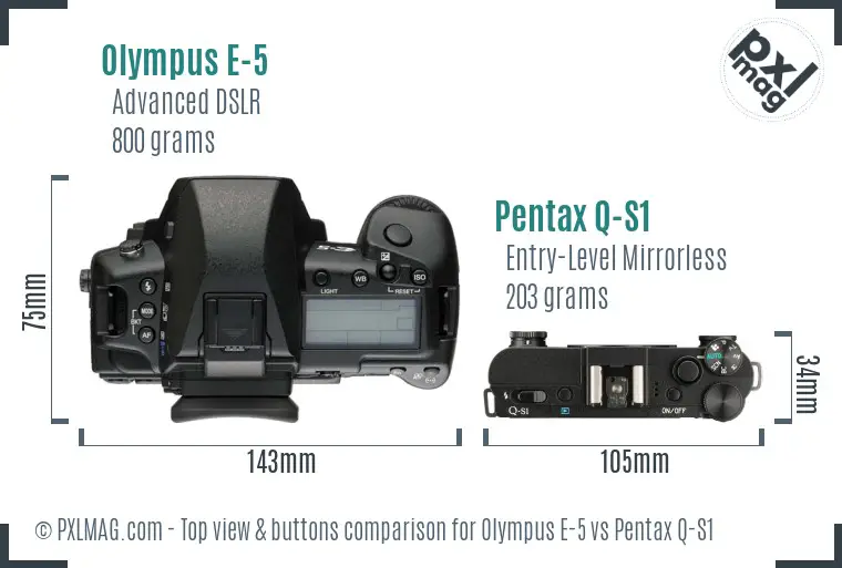 Olympus E-5 vs Pentax Q-S1 top view buttons comparison
