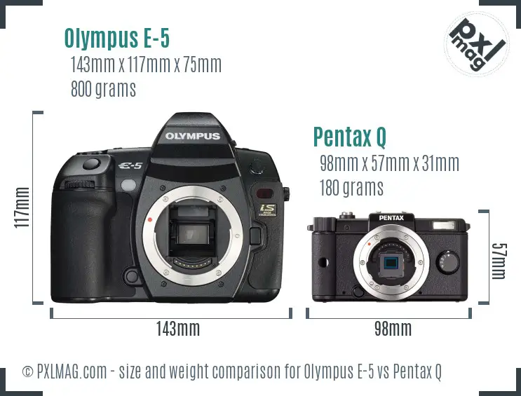 Olympus E-5 vs Pentax Q size comparison