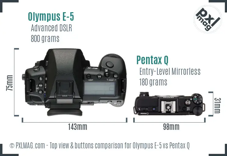 Olympus E-5 vs Pentax Q top view buttons comparison