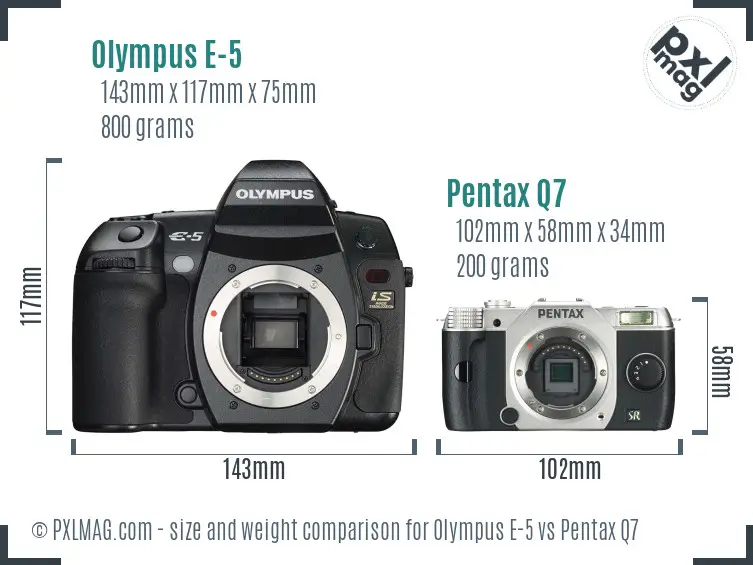 Olympus E-5 vs Pentax Q7 size comparison