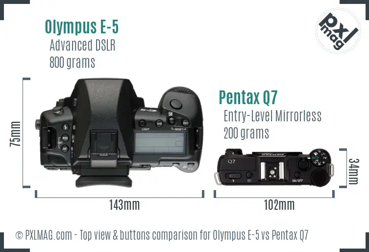 Olympus E-5 vs Pentax Q7 top view buttons comparison