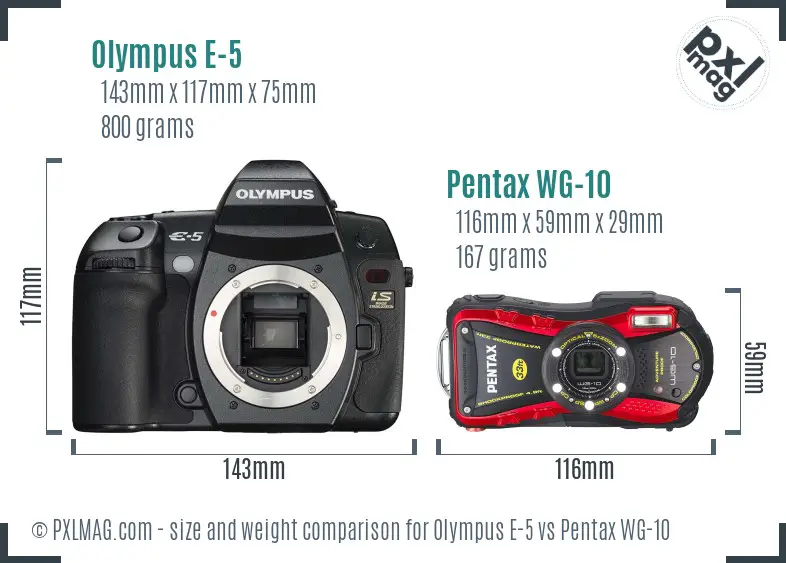 Olympus E-5 vs Pentax WG-10 size comparison