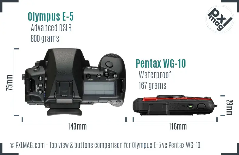 Olympus E-5 vs Pentax WG-10 top view buttons comparison