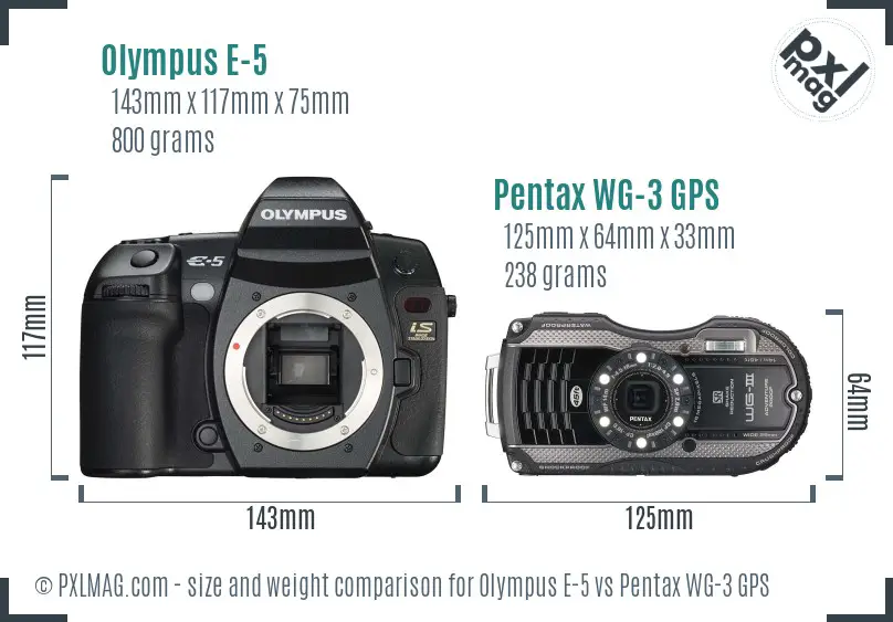 Olympus E-5 vs Pentax WG-3 GPS size comparison
