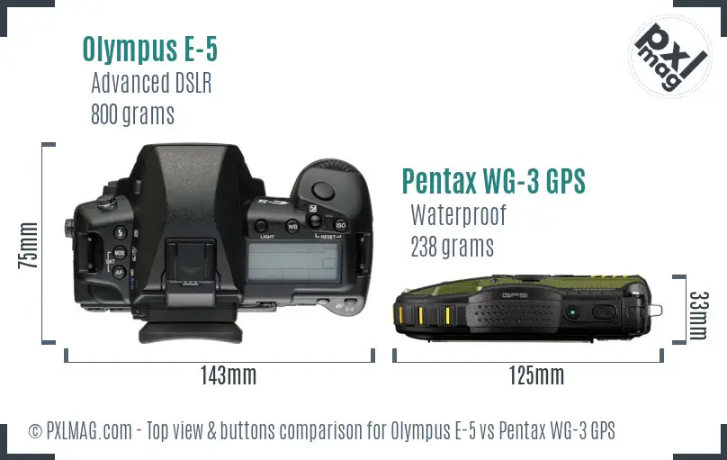 Olympus E-5 vs Pentax WG-3 GPS top view buttons comparison