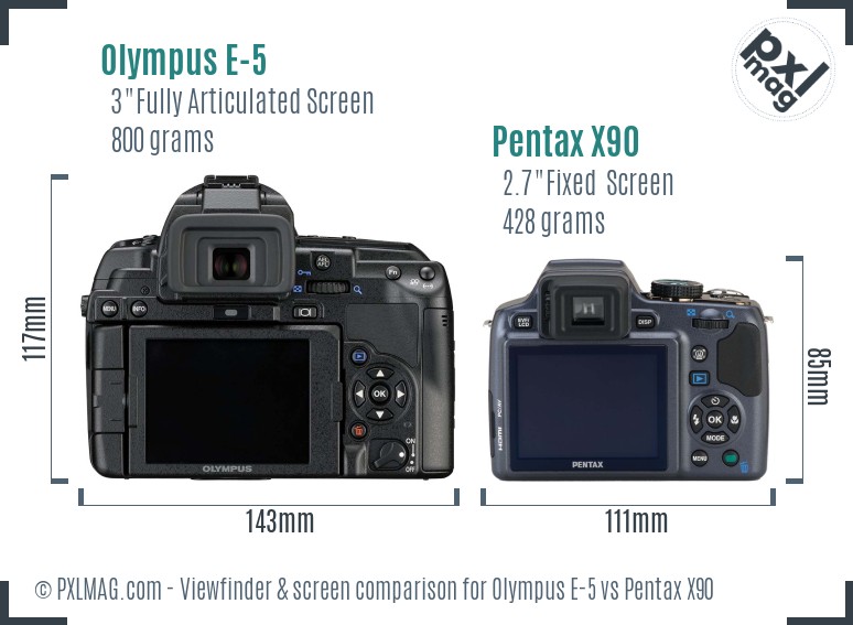 Olympus E-5 vs Pentax X90 Screen and Viewfinder comparison