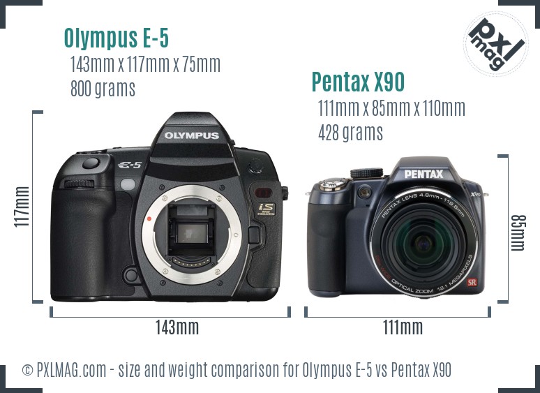 Olympus E-5 vs Pentax X90 size comparison