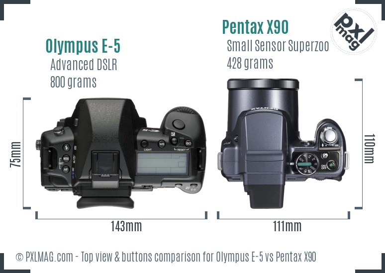 Olympus E-5 vs Pentax X90 top view buttons comparison