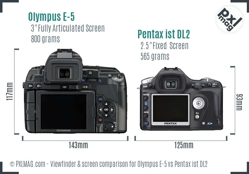 Olympus E-5 vs Pentax ist DL2 Screen and Viewfinder comparison