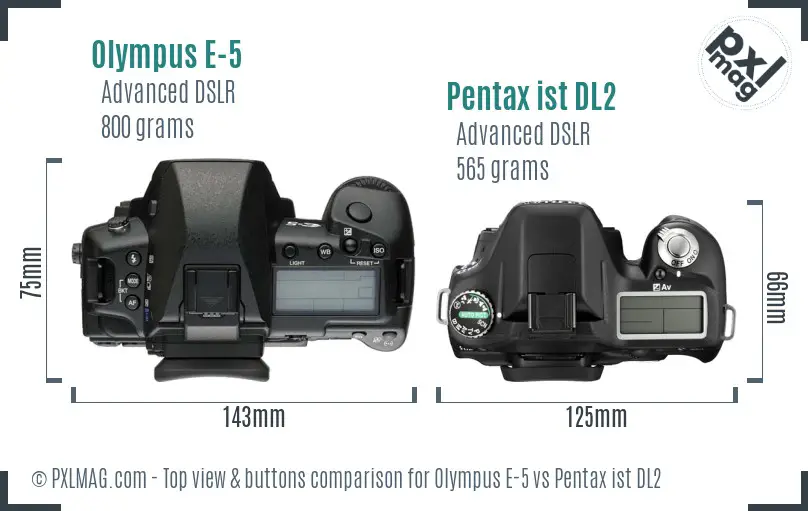 Olympus E-5 vs Pentax ist DL2 top view buttons comparison