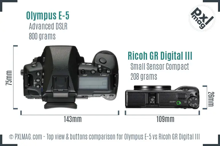 Olympus E-5 vs Ricoh GR Digital III top view buttons comparison