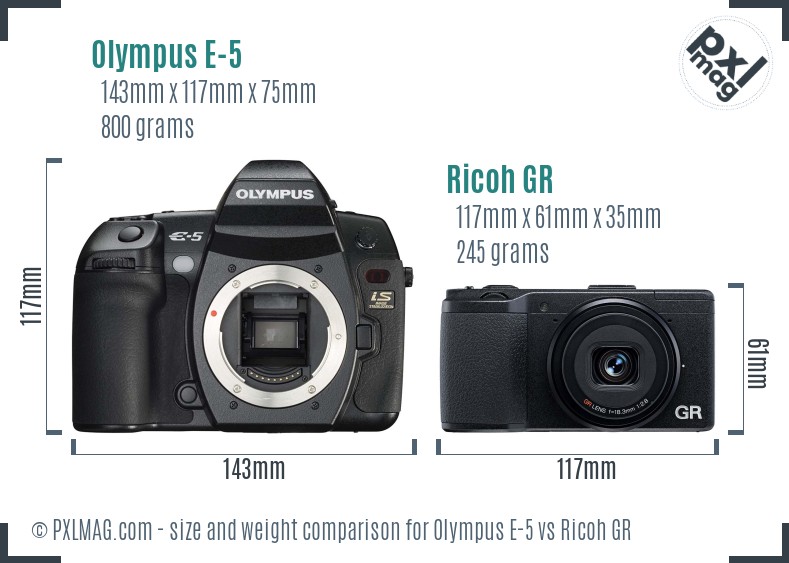 Olympus E-5 vs Ricoh GR size comparison