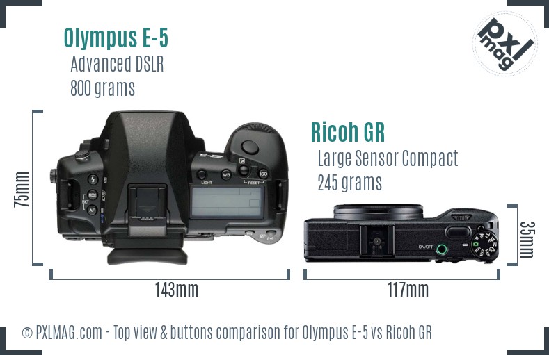 Olympus E-5 vs Ricoh GR top view buttons comparison