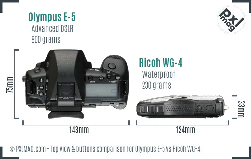 Olympus E-5 vs Ricoh WG-4 top view buttons comparison Olympus E-5 vs Ricoh WG-4 top view buttons comparison