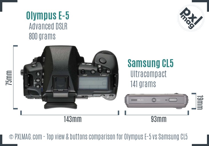 Olympus E-5 vs Samsung CL5 top view buttons comparison