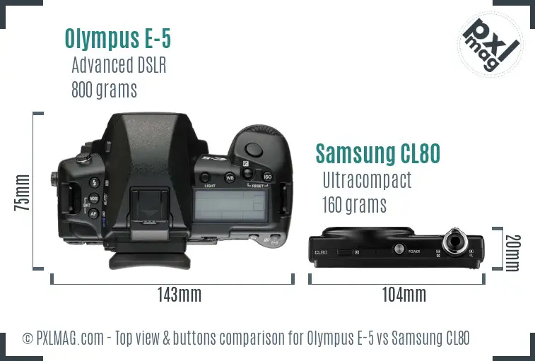 Olympus E-5 vs Samsung CL80 top view buttons comparison