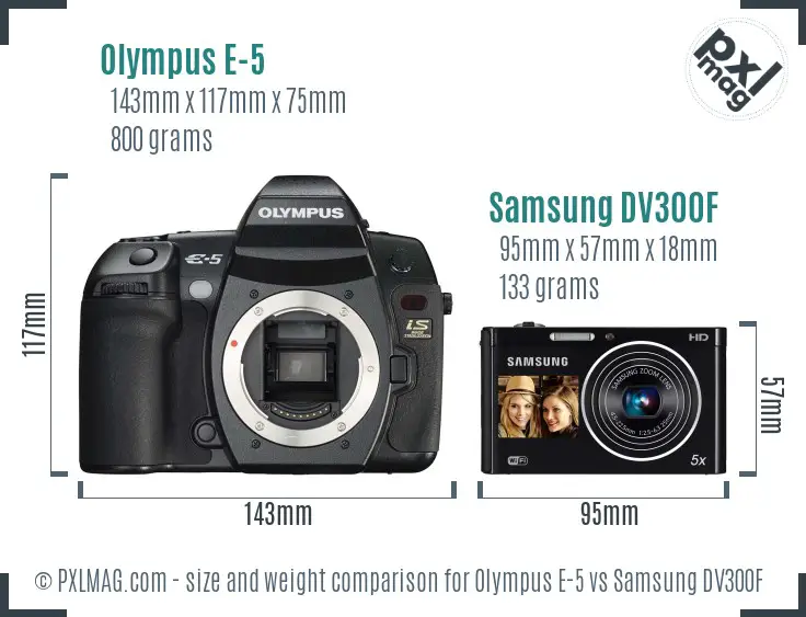 Olympus E-5 vs Samsung DV300F size comparison