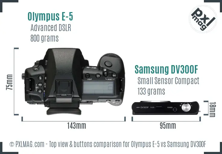 Olympus E-5 vs Samsung DV300F top view buttons comparison