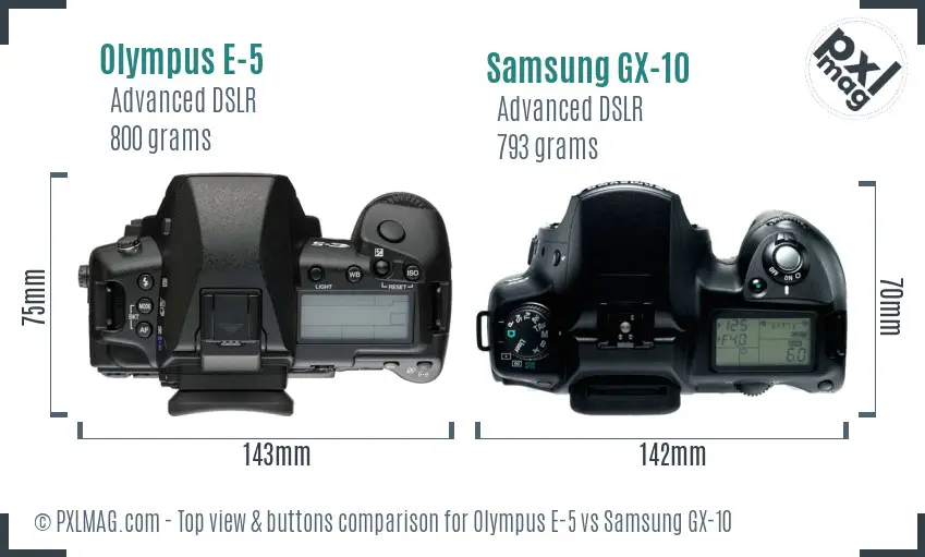 Olympus E-5 vs Samsung GX-10 top view buttons comparison